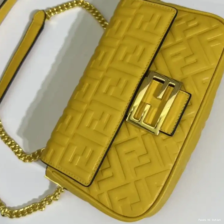 Affordable HOT Midi Motif In Leather Nappa FF Bag Fendi Yellow Chain Baguette 0518